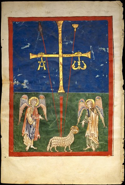 ビータス原稿からの葉：二人の天使が隣接した十字架の麓の子羊...、c1180。 作： Unbekannt