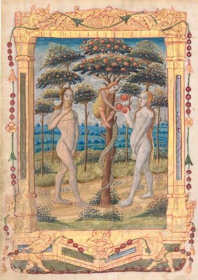 ブック・オブ・アワーズからの葉っぱ：アダムとイブと人の堕落直訳...、c。 1510。 作： Unbekannt