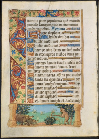 ブックからのリーフ：Ape Hunting Wild Boars recto and Ape Fishing verso、c。 1500-1510。 作： Unbekannt