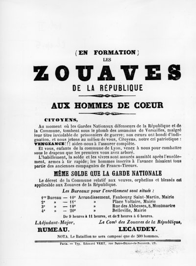 1871年5月のパリのコミューンのフランスの政治ポスターからのLes Zouaves 作： Unbekannt