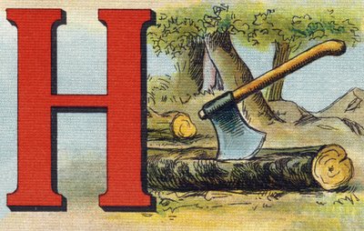 アルファベットH：axe.Alphabet de ma petite fille "に掲載された版画。Bernardin-Bechet and Fils, bookseller-publishers, Paris, around 1895.キャンバス地にアンブレイカブル・アルバム。Bibliotheque des Bebes.12ページ。読書法とイラスト入りのアベセダリーを収録したアルバム。 作： Unbekannt