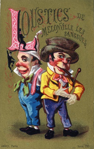 Letter L: Melonville Loustics leeches.Alphabet des grotesques"(グロテスクのアルファベット)のエングレーヴィング。ドール地に25枚の広告用クロモリトグラフのシリーズ、19世紀後半。寸法：11x7cm 作： Unbekannt