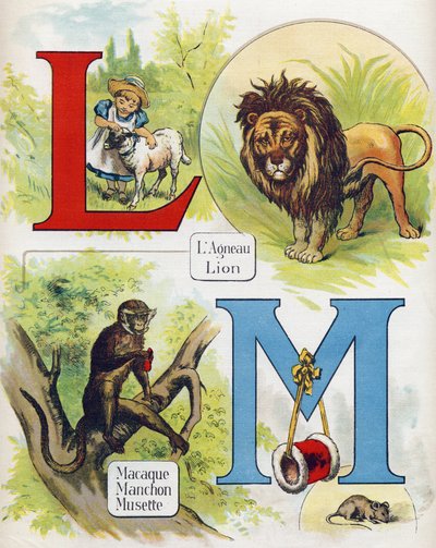 Letter L and M: lamb and lion, macaque, sleeve, musette.ABC L