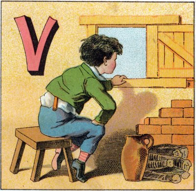 Letter V as vasistas.好奇心旺盛な子供が窓から外を眺めている様子。Alphabet des petits ecoliers "に掲載された版画。エピナルの映像、1885年頃。プリヴェ・コレクション 作： Unbekannt