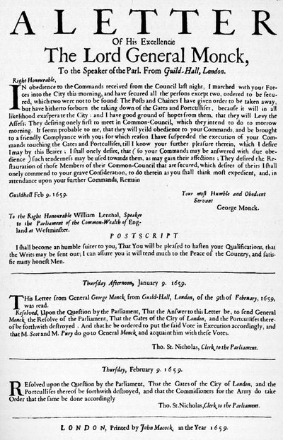 モンク将軍から下院議長への手紙、1659 1903 作： Unbekannt