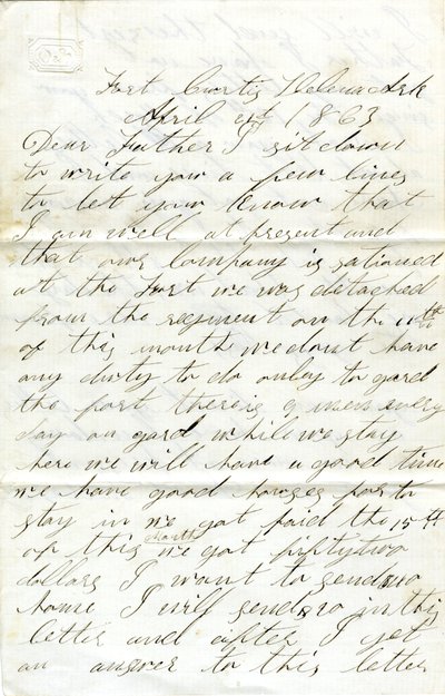 Ark州HelenaのFort Curtisに住むDavid T. Masseyが父（Nathan Massey）に宛てた署名入りの手紙（1863年4月21日）。 作： Unbekannt