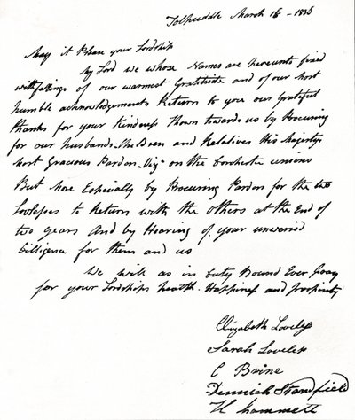 トルパドル殉教者の妻によってジョン・ラッセル内務長官1792-1878に書かれた手紙、 作： Unbekannt