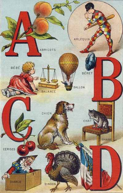 アルファベット A B C D; アプリコット; ハーレクイン; バランス; バルーン; ベベ; チェリー; 猫の椅子; 犬; 毛布; 悪魔; 七面鳥; 旗。Alphabet de ma petite fille "のエングレーヴィング。Bernardin-Bechet and Fils, bookseller-publishers, Paris, about 1895.缶入りアンブレイカブル・アルバム 作： Unbekannt