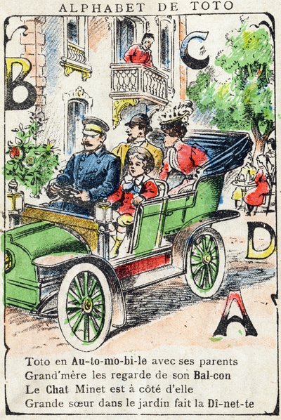 レター A B C D カー バルコニー キャット ディネット19世紀末の "Alphabet de Toto "に掲載されていたエングレーヴィング。ポン・ア・ムソンの画像。Louis Vagne（印刷・出版業者）。12ページ。輝かしいアベセダリーと簡略化された読み方を含む広告アルバム。薄い。 作： Unbekannt