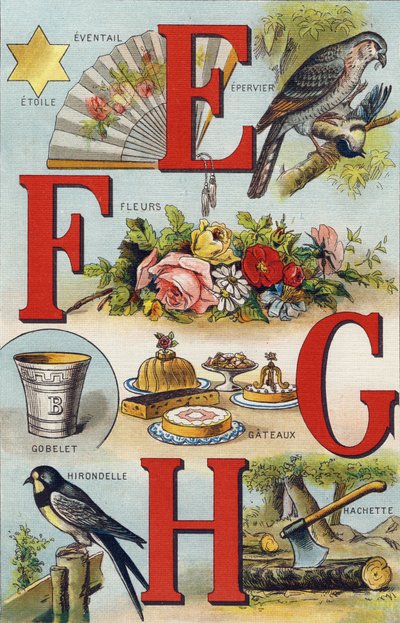 Letters E F G H; Swallow; Fan; Flowers; Cakes; Cup; Hachette; Swallow.Alphabet de ma petite fille "のエングレーヴィング。Bernardin-Bechet and Fils, bookseller-publishers, Paris, around 1895.キャンバス地にアンブレイカブル・アルバム。Bibliotheque des Bebes.12ページ。アルバム本体 作： Unbekannt