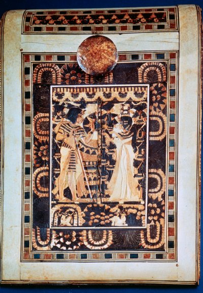 紀元前14世紀の庭園でツタンカーメンとその妻アンケセナムンを示す金庫の蓋 作： Unbekannt