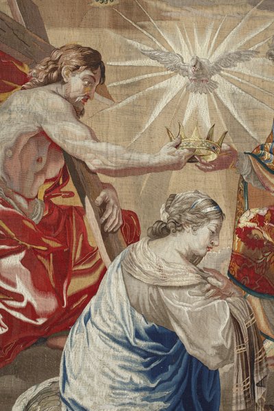 聖母の生涯"The Coronation of the Virgin" 聖母の上にイエスと聖霊（ホーリー・スピリット）の鳩が描かれたディテール - シャルル・ポアソン（1609-1667）のデッサンからピエール・ダムールの工房で作られたウールとシルクのタペストリー。 作： Unbekannt