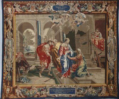 聖母の生涯。"The Visitation" マリアがエリザベートを訪問し、その後ろにヨセフとザカリーがいる場面 - シャルル・ポアソン（1609-1667）のデッサンをもとにピエール・ダムールの工房で作られたウールとシルクのタペストリー。 作： Unbekannt