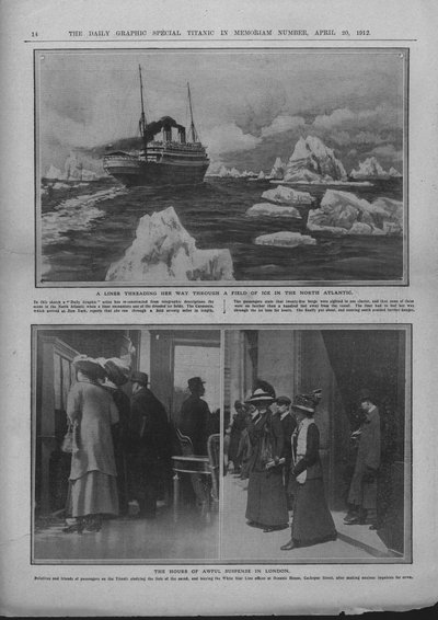 1912年4月20日、氷原のライナーと、タイタニック号の災害のニュースを待っている人々。 作： Unbekannt