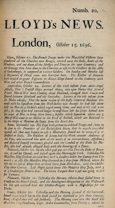 ロイズニュース。ロンドン、1696年10月15日-麻痺。 1928年20月 作： Unbekannt