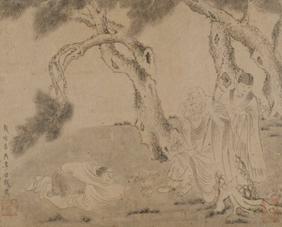 ルオハン、従者、松の下の崇拝者、元または明王朝、1279-1644. 作： Unbekannt