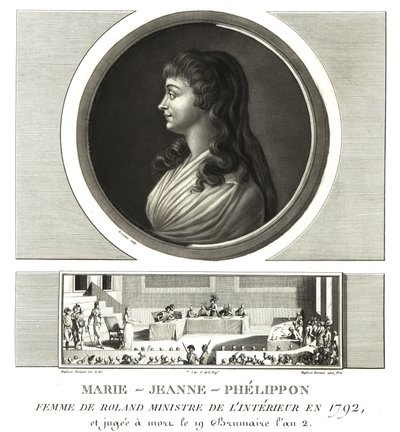 ジロンディストのマダム・ローラン（マリー＝ジャンヌ・ペリポン）（1754-1793）は、夫のジャン＝マリー・ローラン・ド・ラ・プラティエールと一緒にいた。 作： Unbekannt