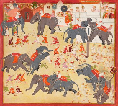 象の戦いを観察するマハラナ ラージ シン。 1670-1675。 作： Unbekannt