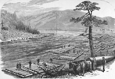 サスケハナ川のいかだ作り。エリー鉄道の路線のシーン、1883年 作： Unbekannt