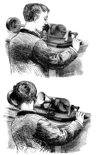 1878年に最初のエジソン蓄音機で録音を行い、それを聞く 作： Unbekannt