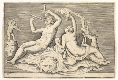 Lionskinで2つのフルートと女性を演奏する男性、ca。 1599-1622。 作： Unbekannt