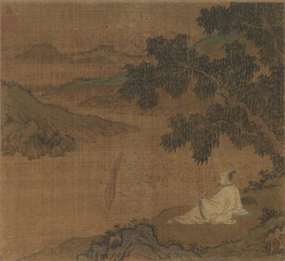 明朝、川を見下ろす木の下の丘の中腹に立つ男。 作： Unbekannt