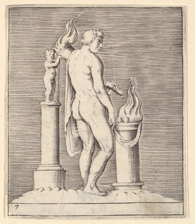 Flaming AltarとStatuetteの間のトーチを持つ男、caを公開。 1599-1622。 作： Unbekannt