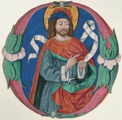 イニシャル O の聖者の姿が描かれた写本のイルミネーション、イタリア語、約 1480年。 作： Unbekannt