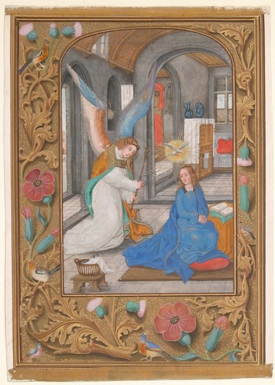 受胎告知のある写本リーフ、Book of Hours、ca. 1500-1525。 作： Unbekannt