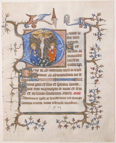 イニシャル D の磔刑の写本の葉、Book of Hours から。 1350年。 作： Unbekannt