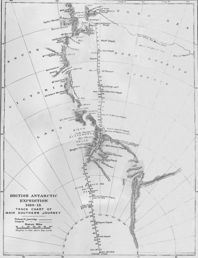 地図-イギリス南極遠征1910-13。 1913年のメインサザンジャーニーの進路図 作： Unbekannt