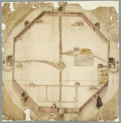 1530 年の地図で、オランダのハーグで計画されたものの実行に移されなかった壁を示しています 作： Unbekannt