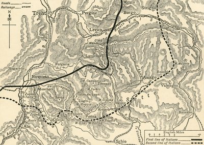 「トレンティーノでのオーストリアの攻撃を示す地図、1916 年 5 月」、c1920. 作： Unbekannt