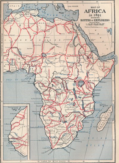 探検家のルートを示す1891年のアフリカの地図、1906年 作： Unbekannt