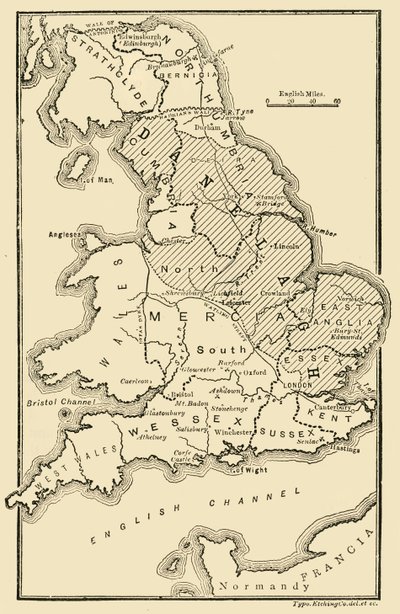 アングロサクソン王国とデンマーク地方を示すイギリスの地図、9世紀、189 作： Unbekannt