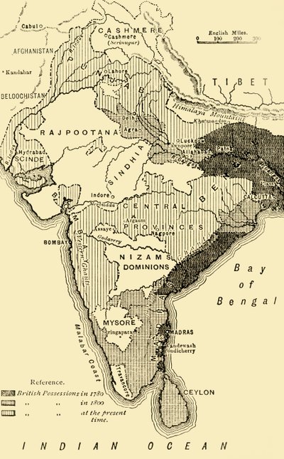 1780年、1800年、および現在、1890年のイギリスの所有を示すインドの地図。 作： Unbekannt