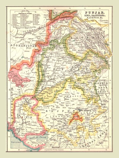 パンジャブ、シンド、ラジプタナ、カシミール、1902年の地図。 作： Unbekannt