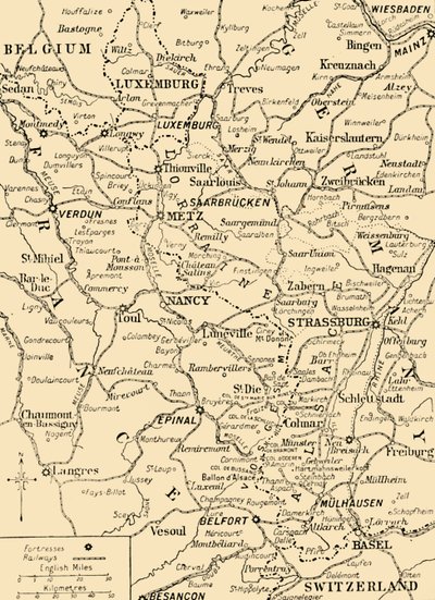 フランスとドイツの国境、第一次世界大戦、c1915、c1920を示す地図。 作： Unbekannt