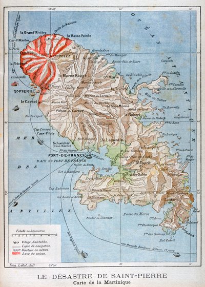 1902年、マルティニーク島、ペリー山の噴火を示す地図 作： Unbekannt