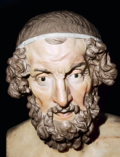 イタリア、カンパニア州バイアエ出身のローマ、ホーマーの大理石の肖像画の胸像。1〜2世紀。 作： Unbekannt