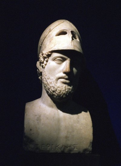 ペリクレス（Pericles）の大理石製肖像胸像 アテネの政治家（紀元前490～429年）。ローマ紀元前2世紀（イタリア、ラツィオ州ティボリのハドリアヌスの別荘から出土したとされる彫刻 作： Unbekannt