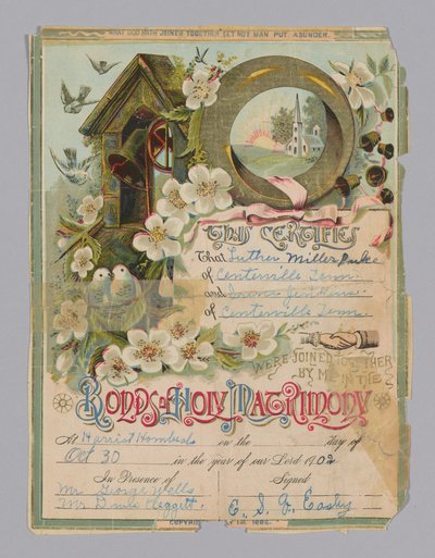 Luther Miller Pulce と Irene Jenkins の結婚証明書、1902 年 10 月 30 日。 作： Unbekannt
