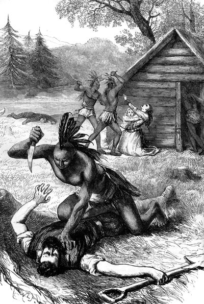 ネイティブアメリカンによる開拓者の虐殺、c17世紀c1880 作： Unbekannt