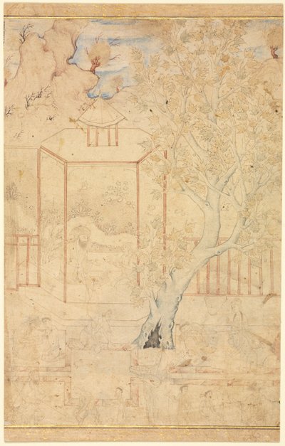 ガーデンパビリオンのマスターと弟子、1ページのイラスト、c。 1570-1590年代。 作： Unbekannt