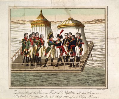 1807年、ティルシの近くのネマンでの皇帝アレクサンドル1世とフランスのナポレオン1世の会談 作： Unbekannt