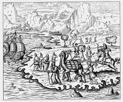 商品をラクダで海岸や待機船に輸送する商人、1575年 作： Unbekannt