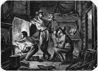 1853年の夜、丸太小屋でくつろぐカリフォルニアゴールドフィールドの鉱夫 作： Unbekannt