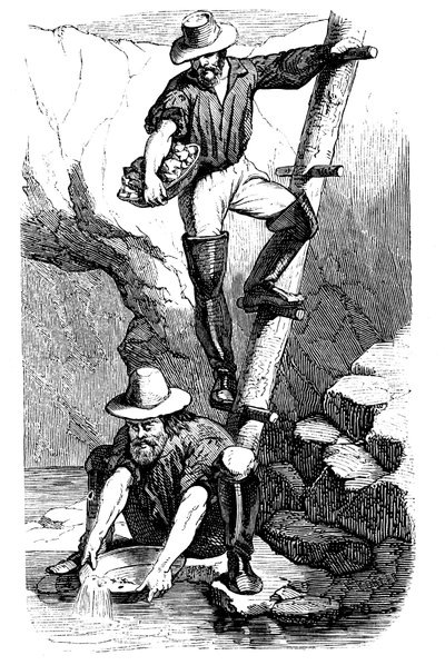 1849年のカリフォルニアゴールドラッシュ中に鉱山労働者が金を求めてパン 作： Unbekannt
