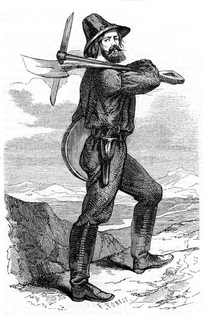 1853年、カリフォルニアの金鉱地で鉱山探鉱者 作： Unbekannt