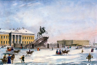 1822年冬、ロシアのサンクトペテルブルクの上院広場にあるピーター大王の記念碑 作： Unbekannt